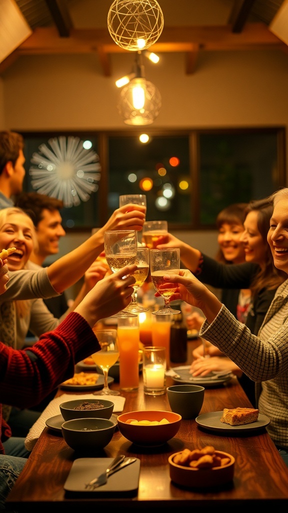 Friends toasting with glasses in a cozy setting, celebrating their bond.